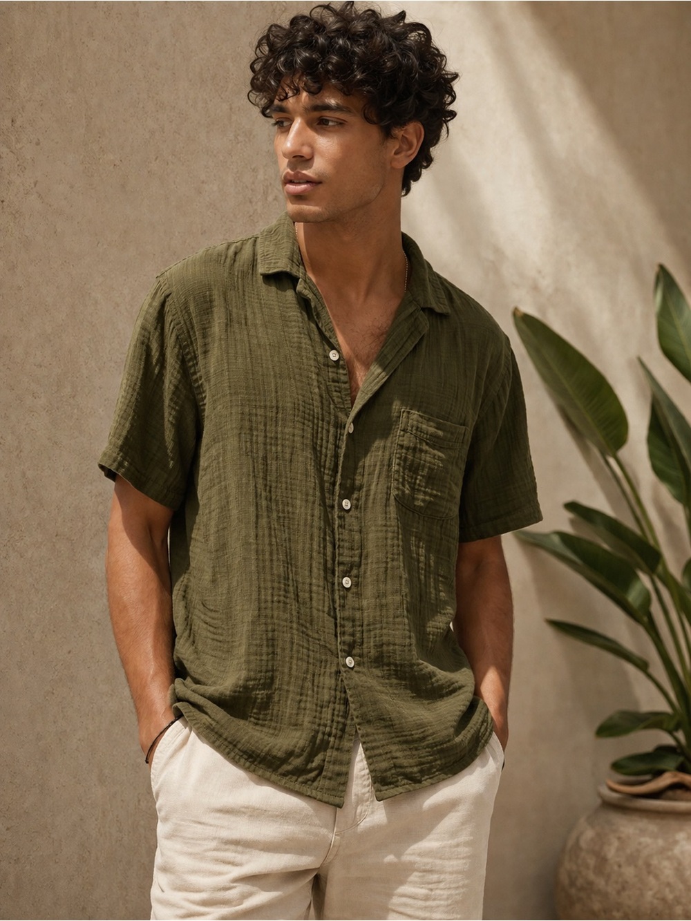 Aéropostale Olive Green Button Front Shirt Men’s Medium Cotton Short Sleeve
